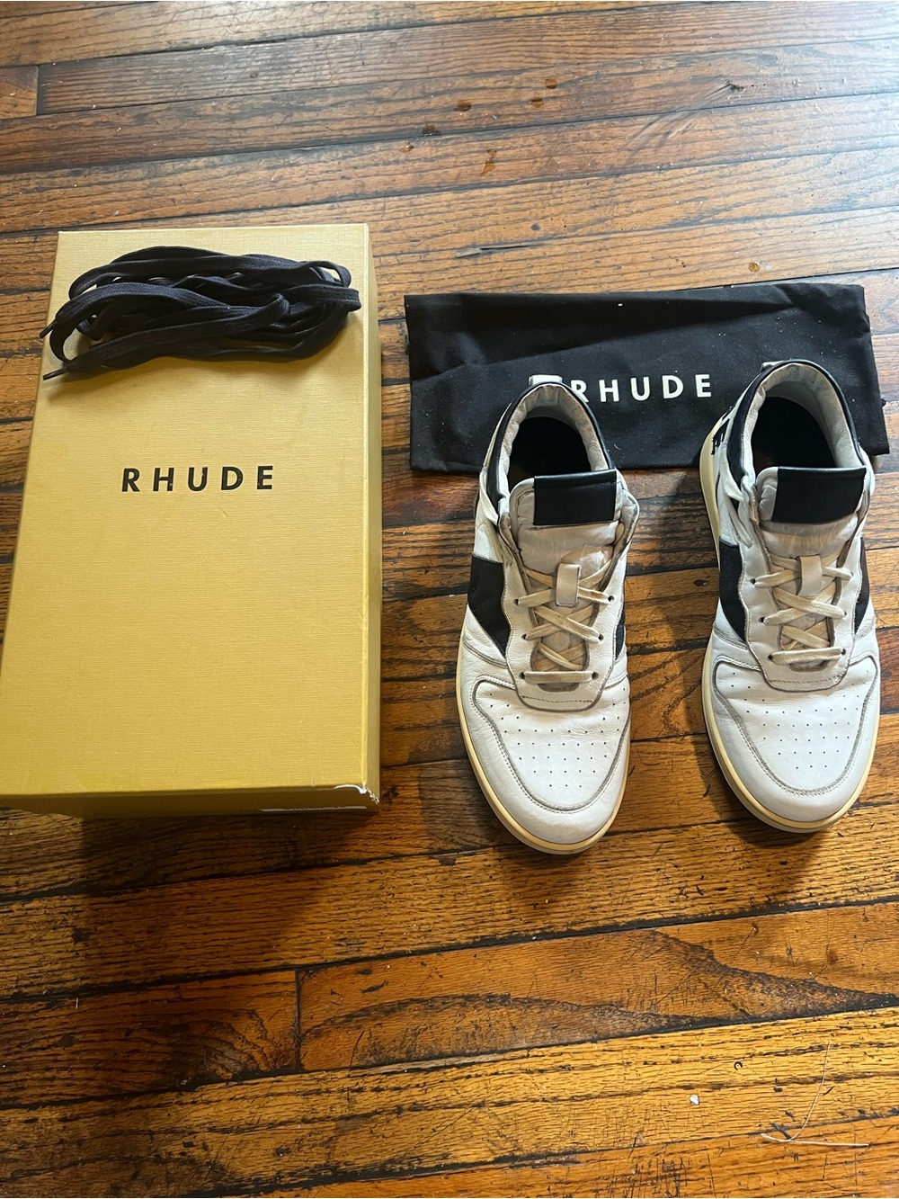 Rhude White and Blue Low-Top Leather Sneakers with Dust Bag,Box and extra laces